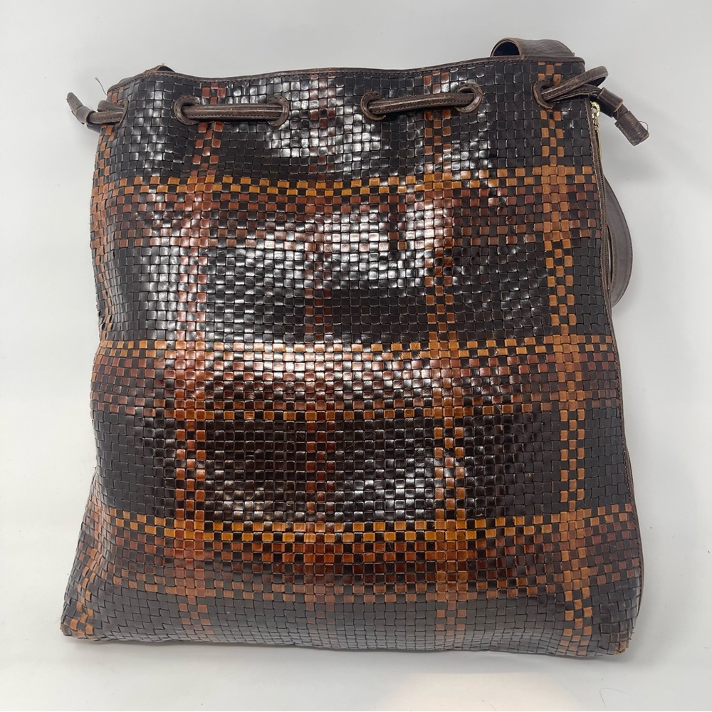Vintage CEM Woven Leather Shoulder Bag | Brown Check | Boho Artisan Tote - Picture 5 of 13